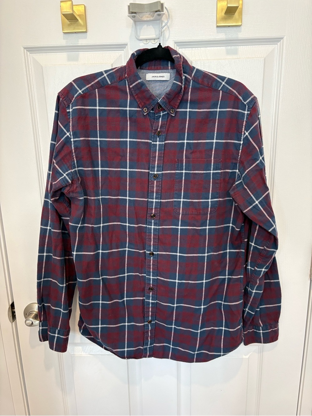 Jack & Jones Men's Red and Blue Plaid Button-Down Shirt #1429